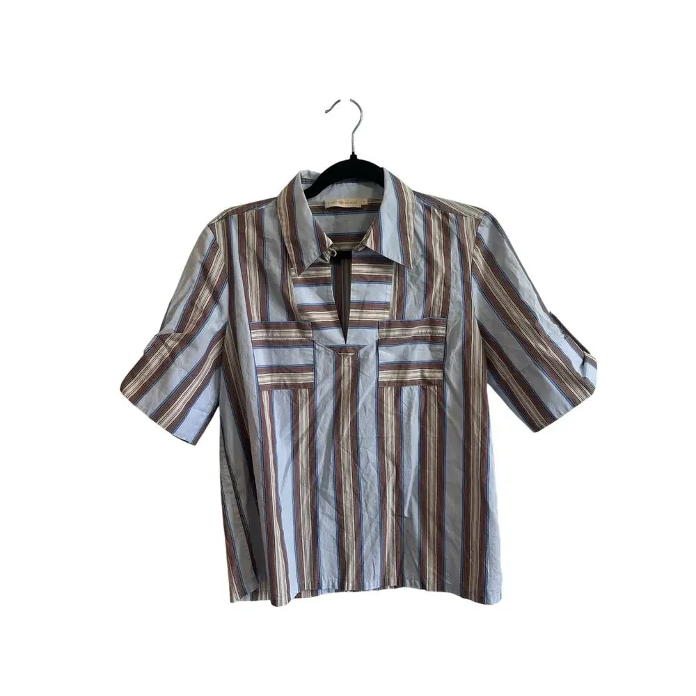Tory Burch Cotton Poplin Striped Short Sleeve Blouse Shirt Collared V Neck Sz 4